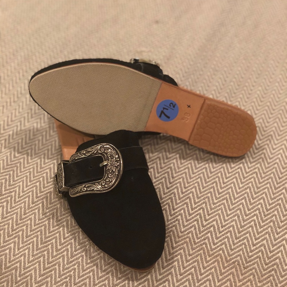 Black suede buckle mules